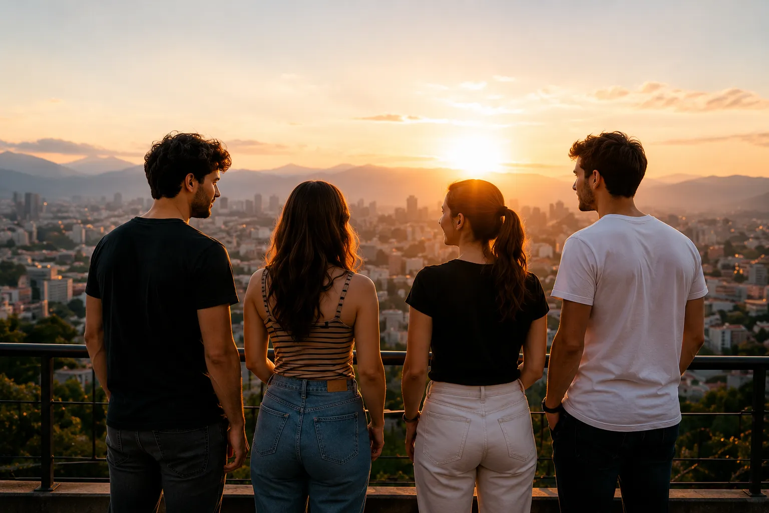 Friends looking at the city skyline at sunset