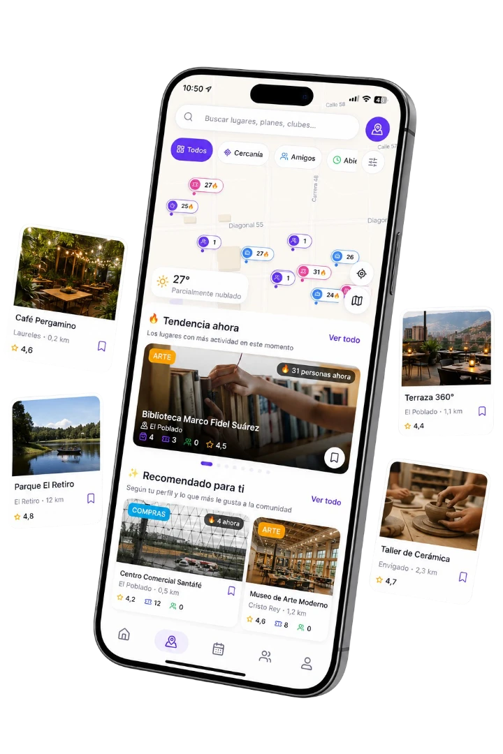 Phone mockup of the ParchesNow app: city map, trending plans, and navigation.